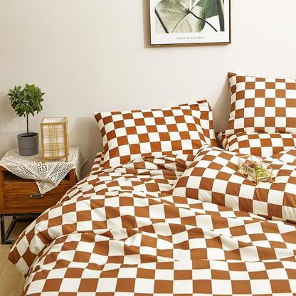 CLOTHKNOW Brown Plaid Full Size Comforter Sets Grid Bedding Comforter Sets Soft Checker Comforter with 2 x Pillow Cases Soft Lightweight