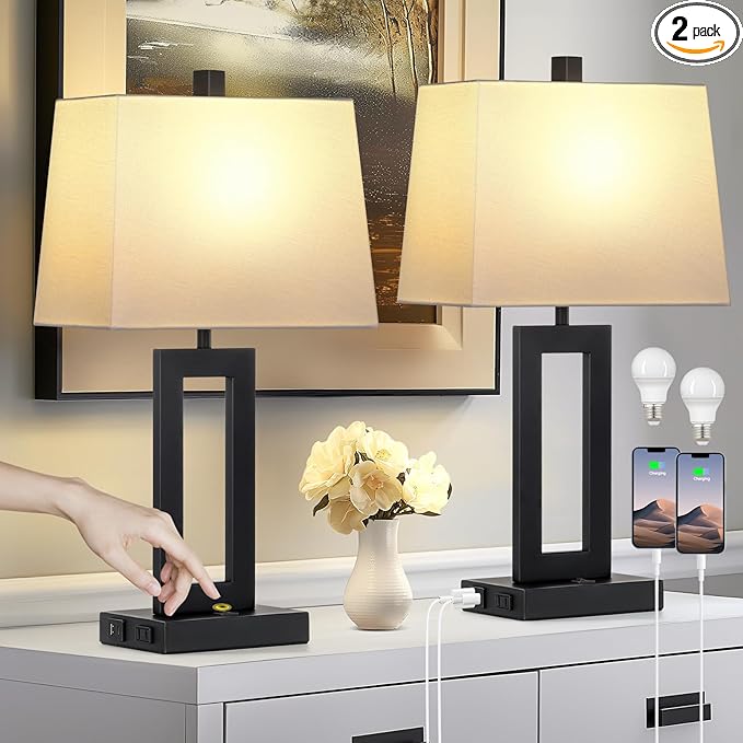 Table Lamp Set of 2 with USB C+A Ports & AC Outlet, Bedside Lamps, Modern Bedroom Lamps, Black Lamps for Night Stands Bedroom Living Room,Nightstand Lamp（Push Button Swich