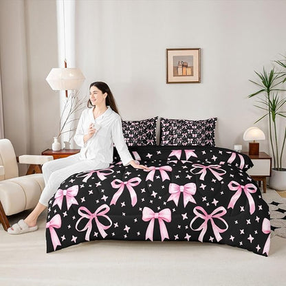 Erosebridal Bowknot Girls Pink Black Kawaii Y2K Full Comforter Set 7 Pieces | Princess Bed in A Bag for Bedroom Princess Bedding Set with Comforters Cute Bow Room Decor