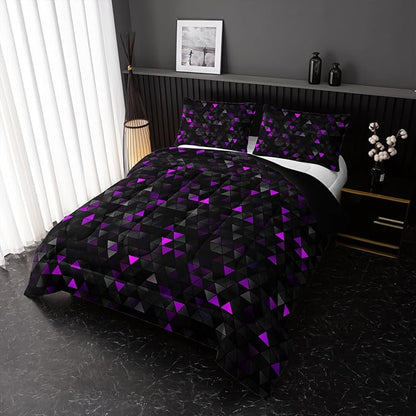 Geometric Violet Black Comforter Set,Triangle Honeycomb 3 PCS Bedding Set Queen Size for Teen Adult,Modern Quilt Set Geometry Decor,Microfiber Lightweight 1 Comforter 2 Pillowcases