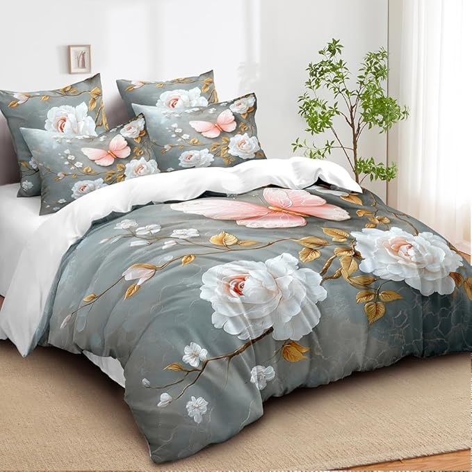 Floral Butterfly Comforter Set Queen White Flower Pink Butterflies on Gray Marble Bedding Set for Women Men Modern Aesthetic Bedding Soft Lightweight 90x90 Comforter with 2 Pillowcases