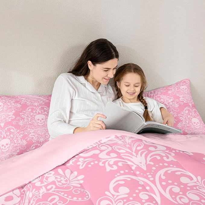 Feelyou Adults Gothic Skull Bedding Set Full Size Kids Damask Print Comforter Goth Bohemian Duvet Breathable Soft Lightweight Microfiber Pink White Room Decor with 2 Pillowcases