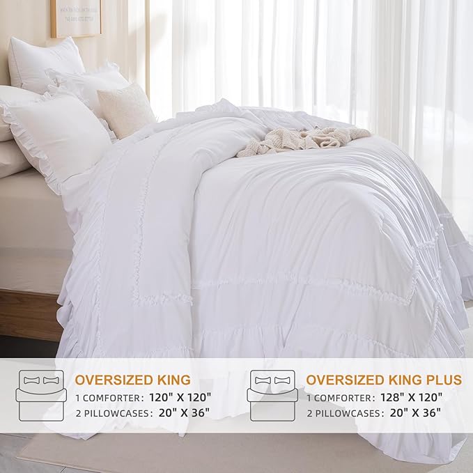 Masaca White Oversized King Comforter Set 120x120,Farmhouse Shabby Boho Chic Ruffle California King Bed Comforter Set French Country Rustic Bedding 3PCS (1 Ruffled Comforter+2 Pillow Shams)