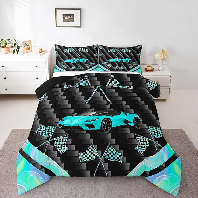 jejeloiu Teal Race Car Bedding Set Toddle Size Extreme Sports Comforter Set for Kids Teens Adult Fast and Furious Duvet Set Dazzling Flag Quilt Set 2Pcs