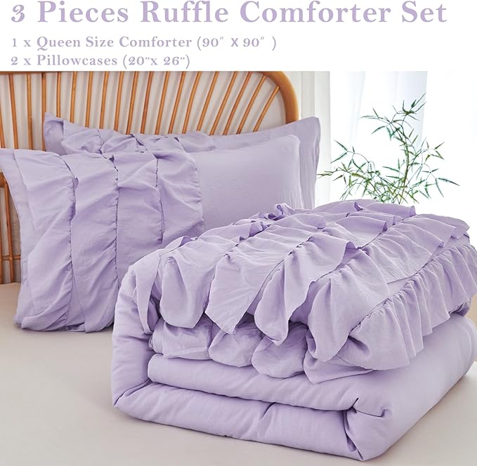 PERFEMET Lavender Comforter Set Queen Size, 3 Pieces Multi Layers Ruffle Bedding Set for Girls Kids, Washed Microfiber Princess Bed Set, Farmhouse Boho Preppy Bedding Set (Purple,Queen)