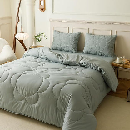 CLOTHKNOW Grayish Blue California King Comforter Set 3Pcs Daisy Puff Bedding Comforter Sets Dusty Blue Floral Comforter Light Blue Comforter Sets