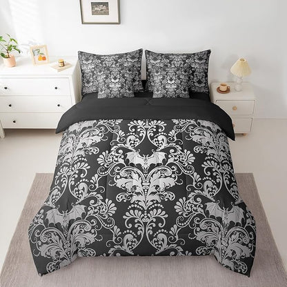 Erosebridal Gothic Damask Bed in a Bag King Size Comforter Set 7 Pieces,Halloween Bat Bedding Sets Black White Victorian Floral Goth Sheet Set with Comforter