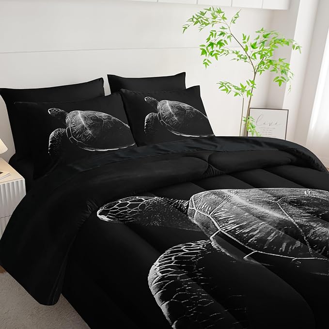 Black Sea Turtle Comforter Set,Sea Turtle Bedding Set 7 Piece in A Bag,Beach Themed Bedroom Comforter Set King Size for Kids Teen Girls Boys Room Decor Microfiber Lightweight All Season