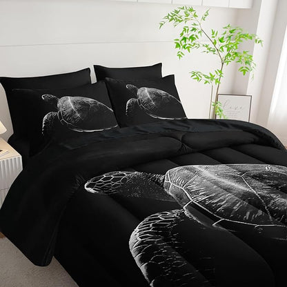 Black Sea Turtle Comforter Set,Sea Turtle Bedding Set 7 Piece in A Bag,Beach Themed Bedroom Comforter Set Queen Size for Kids Teen Girls Boys Room Decor Microfiber Lightweight All Season