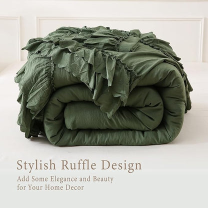 Herside Olive Green Ruffle Comforter Set Queen Size,Shabby Chic Boho Bedding Sets, Soft Fluffy Comforters Sets for All Season,Vintage Ruffled 3 Pcs Microfiber Lightweight Quilt Set for Women Girls