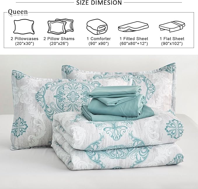 WONGS BEDDING Aqua Comforter Set Queen Size, Damask Texture 7 Pieces Bed in a Bag Microfiber Bohemian Comforter Bedding Sheet Set with Comforter, Flat Sheet, Fitted Sheet,Pillow Shams,Pillowcases