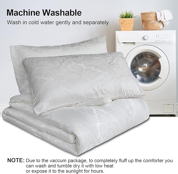 Jacquard Comforter Set - Luxury Warm Paisley Floral Pattern Full Size Bedding with 2 Pillowcases All-Season Soft & Lightweight 3D Bubble Design Bed Set (80x90 Inches White)