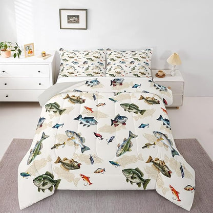 Erosebridal Camo Fishing King Comforter Set - Pike Fish Big Bass Bedding Set for Boys Kids | Hunting Themed Camouflage Quilt | Lake House Fisherman Bedroom Decor with 2 Pillowcases