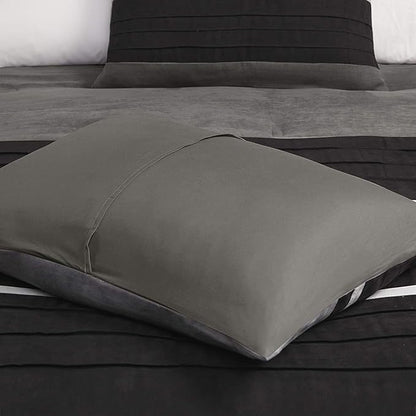 Madison Park - Palmer 7 Piece Comforter Set - Black and Gray - California King - Pieced Microsuede - Includes 1 Comforter, 3 Decorative Pillows, 1 Bed Skirt, 2 Shams
