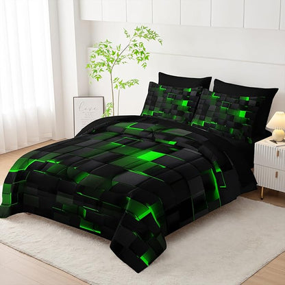 Geometric Green Black Queen Comforter Set,Light Honeycomb Bedding Set 7 Piece in A Bag,Bed Sheet Set Geometry Decor,Microfiber Lightweight All Season
