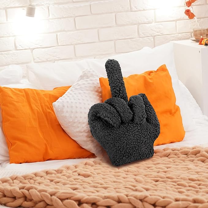 Menkxi Small Middle Finger Decorative Pillow 13.78 x 9.84 in Funny Shaped Sherpa Fleece Throw Pillow Warm Soft Emoticon Cushion Middle Finger Decor for Couch Gag Gift(Black)