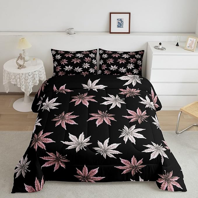 Erosebridal Pink Leaves Comforter Set Toddler, Leaves Bedding for Kids Boys Girls,Tropical Botanical Bedding Comforter Sets,Exotic Plant Down Comforter,Luxury Soft