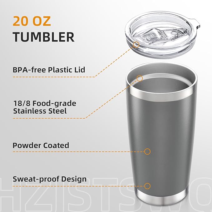 20 oz Tumbler Bulk with Lid Stainless Steel Insulated Tumblers Double Wall Vacuum Coffee Mug Powder Coated Tumbler Cups for Cold and Hot Drinks, Grey, 6 pack
