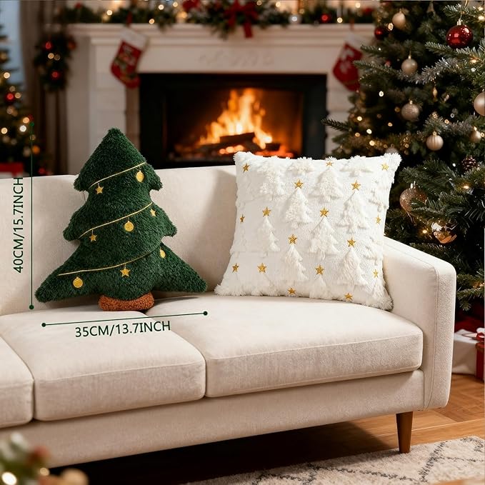 Artmag Christmas Pillow, Decorative Christmas Tree Pillow Stuffed Tree Shaped Embroidered Star Ball Bedroom Xmas Plush for Party Home Decorations 15.5" x 14.5" Green