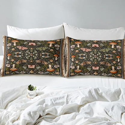 Erosebridal Boys Gothic Moth Black Comforter Set King, Boho Mushroom Bedding Set Butterfly Vintage Floral Comforter, Retro Leaf Wild Mushroom Quilt with 2 Pillowcases for Kids Teens Women Men