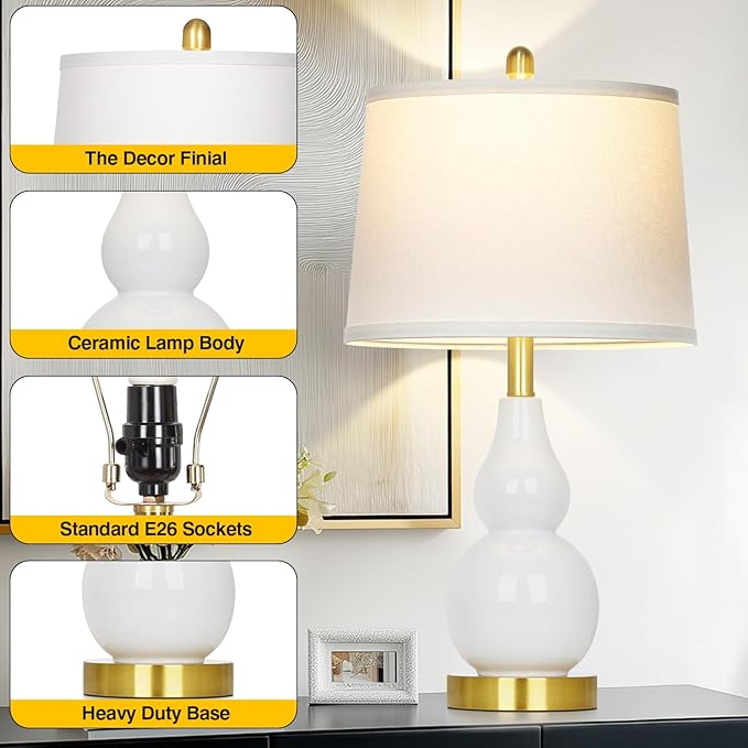 25" Ceramic Table Lamps Set of 2, Modern Double Gourd Ceramic Table Lamp for Living Room, White Rustic Farmhouse Bedside Nightstand Lamp with Fabric Shades for Bedroom Desk End Table Home Office Decor