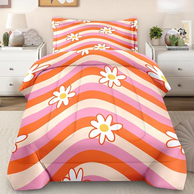 Comforter Set Twin Size, Daisy Retro Orange Soft 2 Pcs Bedding for Kids and Adults, Pink Hippie Aesthetic Comforter Set with Pillowcase, for Bedroom Bed Decor