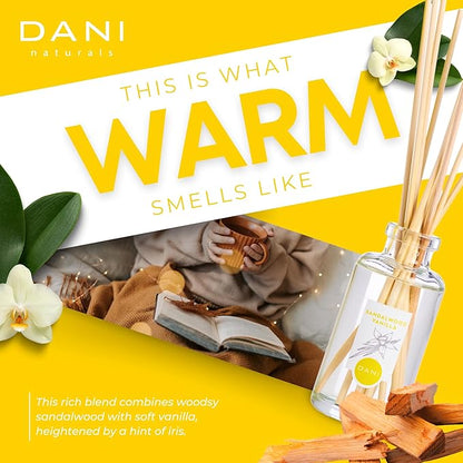 DANI Naturals Reed Diffuser Set - Vanilla Sandalwood Scent - Aromatherapy Essential Oils - Alcohol-Free, Non-Toxic - 10 Sticks - 3.5 oz