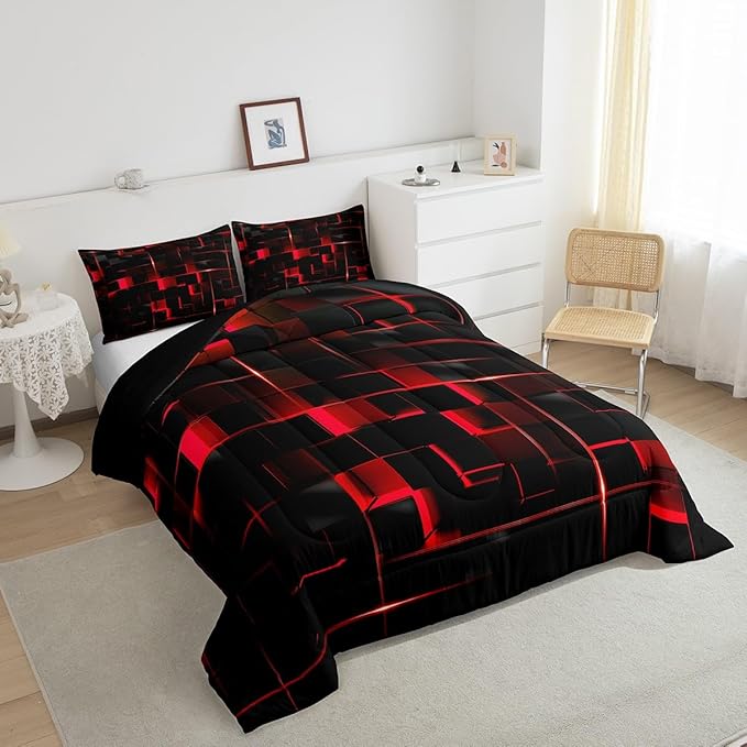Erosebridal Neon Red Black Comforter Set Twin Size, Geometric Kids Bedding Sets 2 Pcs Honeycomb Bed Set Modern Quilt, 1 Comforter 1 Pillow Case Cool Room Decor All Season B Side Black