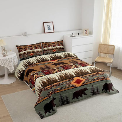 Feelyou Boho Comforter Set Twin Size Bear Comforter for Boys Girls Teens Rustic Bedding Set Cabin Duvet Set Room Decor Olive Brown Quilt Set