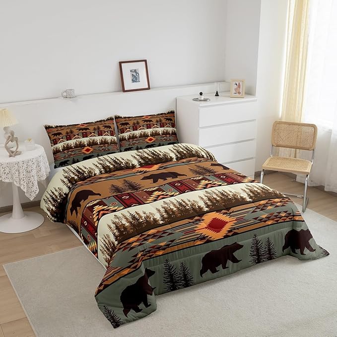 Feelyou Boho Comforter Set King Size Bear Comforter for Boys Girls Teens Rustic Bedding Set Cabin Duvet Set Room Decor Olive Brown Quilt Set