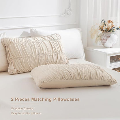 Masaca Queen Comforter Set,Ruched Ruffle Comforter Set Queen,3 Pieces Ultra Soft Lightweight Farmhouse Shabby Boho Chic Bedding (1 Wheat Comforter+2 Pillow Shams)
