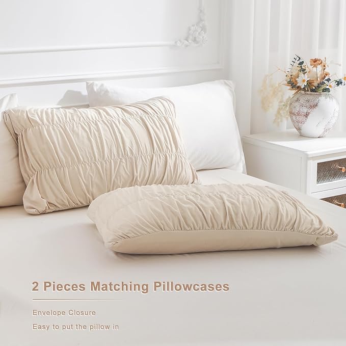 Masaca Oversized Comforter King Size(120"x120"),Lightweight Ruched Ruffle Bedding Comforter Set,3 Pieces Wheat California King Microfiber Shabby Boho Chic Bedding Set for All Season