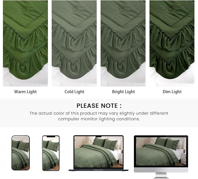 Olive Green Comforter Set King Boho Bedding Set Shabby Chic 2 Layers Ruffled Bedroom Home Decor Ultra Soft Microfiber Farmhouse Down Comforter Bohemian Quilt Set