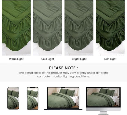 Olive Green Comforter Set King Boho Bedding Set Shabby Chic 2 Layers Ruffled Bedroom Home Decor Ultra Soft Microfiber Farmhouse Down Comforter Bohemian Quilt Set