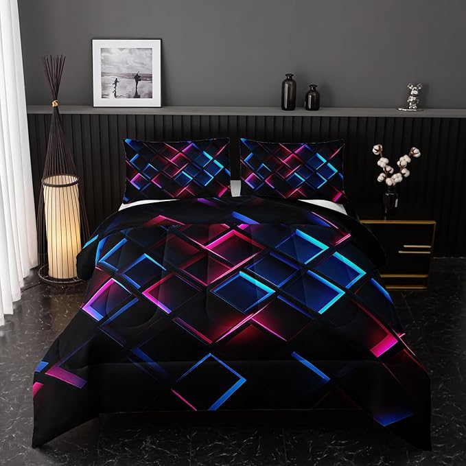 Blue Black Geometric Comforter Set Full Size 3D Stereoscopic Square Bedding Set Honeycomb Bedding Set 3 Piece Modern Style Geometry Decor,Microfiber LightweightWith 2 Pillowcases