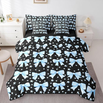 Erosebridal Bow Girls Black Blue Cute Full Comforter Set 7 Pieces | Dreamy Y2K Bed in A Bag for Bedroom Bowknot Kawaii Bedding Set with Comforters Starry Princess Room Decor