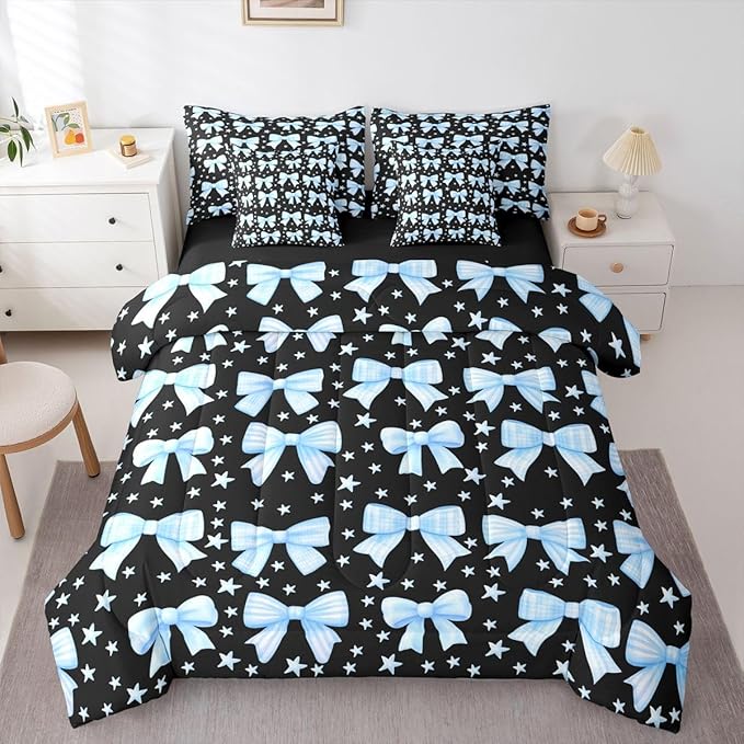 Erosebridal Bow Girls Black Blue Cute King 7-Piece Comforter Set | Dreamy Y2K Sheets and Pillowcases Bowknot Kawaii Bed in A Bag Starry Princess Bed Sets