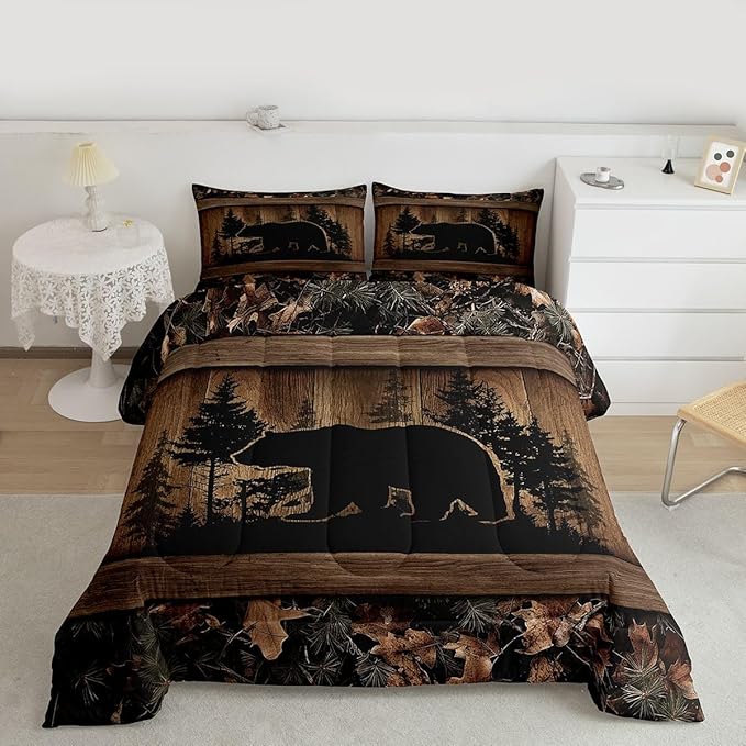 Erosebridal Farmhouse Black Bear Twin Size Comforter Set Rustic Camo Bedding Set Country Cabin Lodge Bedding Comforter Sets,Woodland Animal Quilt 2 Pcs