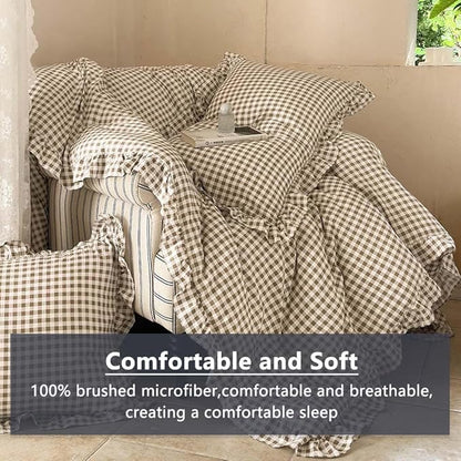 NSNLGSGC Tan Ruffle Gingham Comforter Set Twin, Pre-Washed Ruffled Taupe Plaid Checked Comforter Bedding, 2 Pieces Vintage Farmhouse Grid Bedding Set(Tan Gingham, Twin)