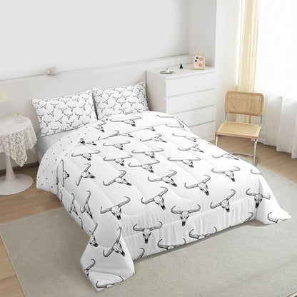 Erosebridal Bull Skull Comforter Set King Ethnic Bohemian Bedding for Men Boys | Tribal Steer Skull Wildlife Aztec Bedroom Decor Farmhouse Cabin Lodge Duvet Insert with 2 Pillow Cases,Black White