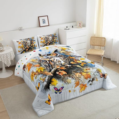 Fall Owl Kids Comforter Set Queen Size,Retro Fallen Maple Leaves Bedding Set,Boys Girls Men Room Decor,Jugnle Wild Birds Down Comforter,Autumn Butterfly Duvet Insert,2 Pillowcases