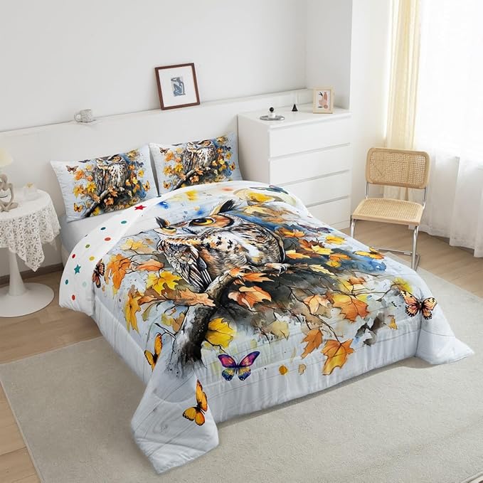 Fall Owl Kids Comforter Set King Size,Retro Fallen Maple Leaves Bedding Set,Boys Girls Men Room Decor,Jugnle Wild Birds Down Comforter,Autumn Butterfly Duvet Insert,2 Pillowcases