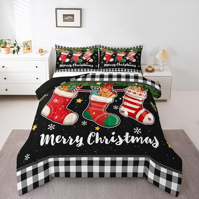 Merry Christmas Comforter Set Twin Size,Cartoon Christmas Stocking Bedding Set 2Pcs,Vintage Black White Check Quilt Set for Kids Girls Boys Room Decor Xmas Tree Duvet Insert,1 Pillowcase