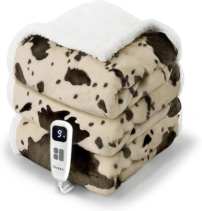 Cow Print Heated Blanket Twin-Heating Electric Blanket Twin with 10 Heat Levels & 10 Hours Auto-Off, Cozy Soft Fleece Sherpa, Washable, 62 x 84 Inche Cow Print Light Brown
