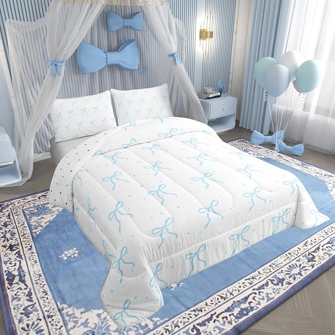 Erosebridal Kids Blue Bow Knot Bedding Set Toddler Size, Kawaii Bowknot Comforter Set for Youth Teens Adults Bedroom, Dreamy Princess Down Comforter, Princess Galaxy Stars Quilt with 1 Pillowcase