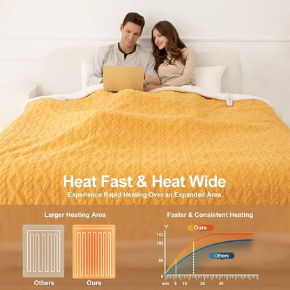 Electric Blanket Queen Size 84"X90" Yellow - Soft Thick Warm Sherpa Heated Blanket for Winter with Dual Control, 5 Heating Levels & 10hrs Auto Off for Women, Overheat Protection for Bed