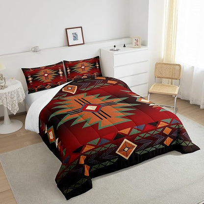 Western Comforter Set Twin Size,Red Black Cowboy Cowgirl Bedding Set for Boys Girls,Kids Adult Aztec Native Tribal Quilt Set Retro Geometric Arrow Striped Bohemian Duvet Insert,1 Pillowcase