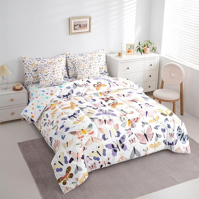 Feelyou Pretty Butterfly 7 Piece Bedding Set Colorful Butterfly Comforter Set with Sheets for Kids Boys Girls Artwork Butterflies Bed in a Bag Animal Theme Bed Set Soft Lightweight