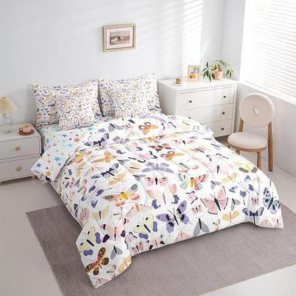 Feelyou Pretty Butterfly 7 Piece Bedding Set Colorful Butterfly Comforter Set with Sheets for Kids Boys Girls Artwork Butterflies Bed in a Bag Animal Theme Bed Set Soft Lightweight