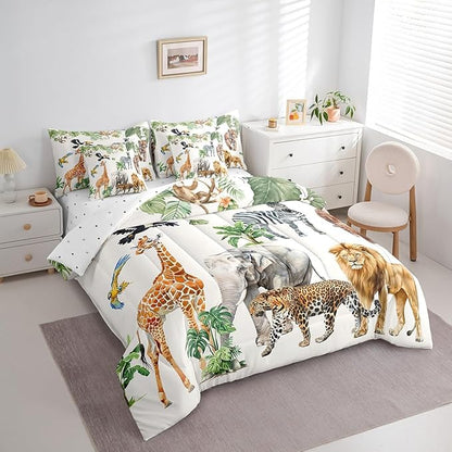 Erosebridal Zoo Animal 7 Piece Bedding Set Full Size,Lion Tiger Monkey Bed in a Bag,Tropical Palm Trees Bed Set Includes Comforter, Sheet Set, Pillowcases & Pillow Covers All Season Bedroom Decor
